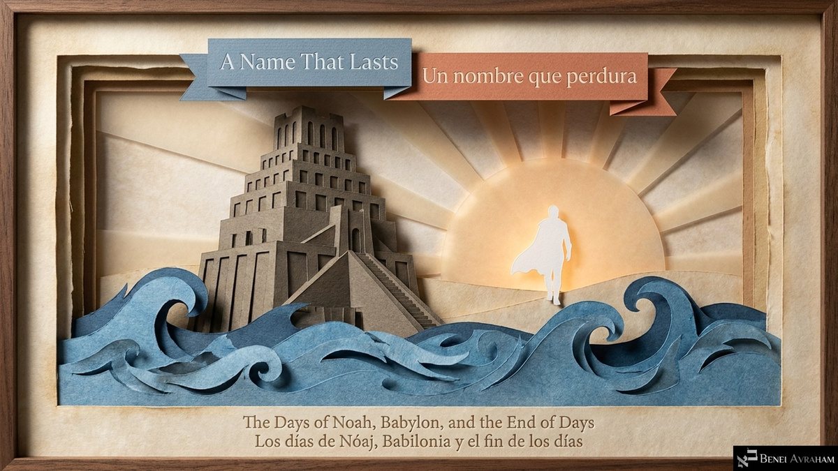 Title slide: "A Name That Lasts / Un nombre que perdura." A paper Tower of Babel rises from blue paper waves while a white figure walks toward a rising sun. "The Days of Noah, Babylon, and the End of Days."