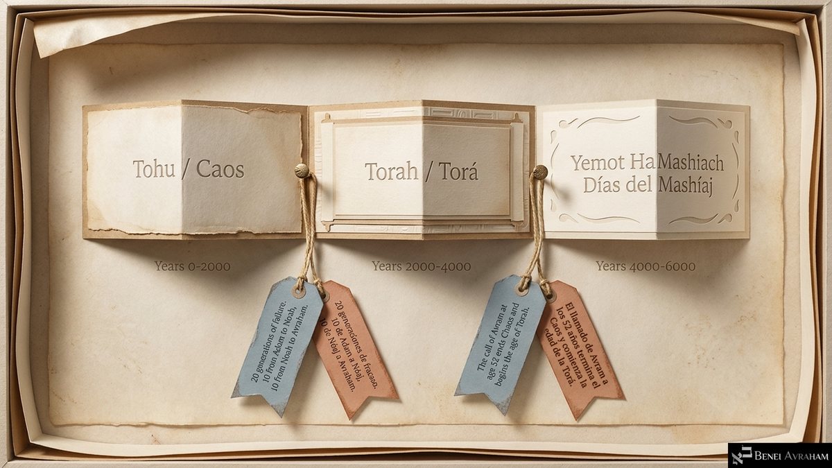 Three folded paper panels for the ages of history: "Tohu / Caos" (years 0–2000), "Torah / Torá" (2000–4000) and "Yemot HaMashiach / Días del Mashíaj" (4000–6000). Tags: twenty generations of failure, ten from Adam to Noah and ten from Noah to Avraham; the call of Avram at 52 ends chaos and begins the age of Torah.