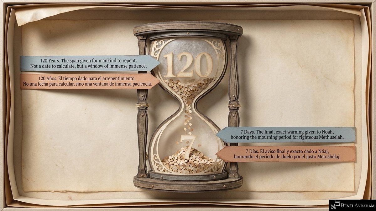 An hourglass with "120" in the top and "7" in the bottom. "120 years: the span given for mankind to repent. Not a date to calculate, but a window of immense patience." "7 days: the final, exact warning given to Noah, honoring the mourning period for righteous Methuselah."