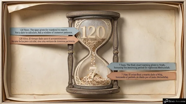 An hourglass with "120" in the top and "7" in the bottom. "120 years: the span given for mankind to repent. Not a date to calculate, but a window of immense patience." "7 days: the final, exact warning given to Noah, honoring the mourning period for righteous Methuselah."