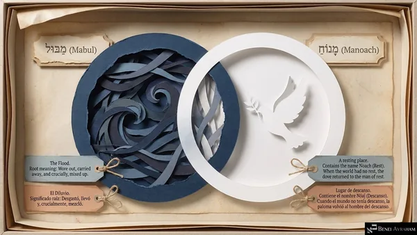 Two paper circles: a dark swirl of floodwater labeled מַבּוּל (Mabul) and a white dove with an olive branch labeled מָנוֹחַ (Manoach). "The flood. Root meaning: wore out, carried away, and, crucially, mixed up." "A resting place. Contains the name Noach (rest). When the world had no rest, the dove returned to the man of rest."
