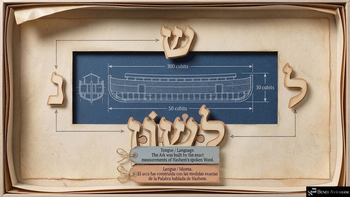 A blueprint of the ark, 300 cubits long, 50 wide and 30 high, framed by the wooden Hebrew letters ש, נ and ל, which spell לשון (lashon). "Tongue / Language. The ark was built by the exact measurements of Hashem's spoken Word."