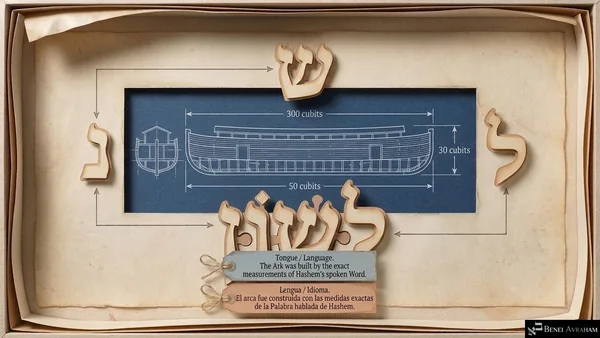 A blueprint of the ark, 300 cubits long, 50 wide and 30 high, framed by the wooden Hebrew letters ש, נ and ל, which spell לשון (lashon). "Tongue / Language. The ark was built by the exact measurements of Hashem's spoken Word."