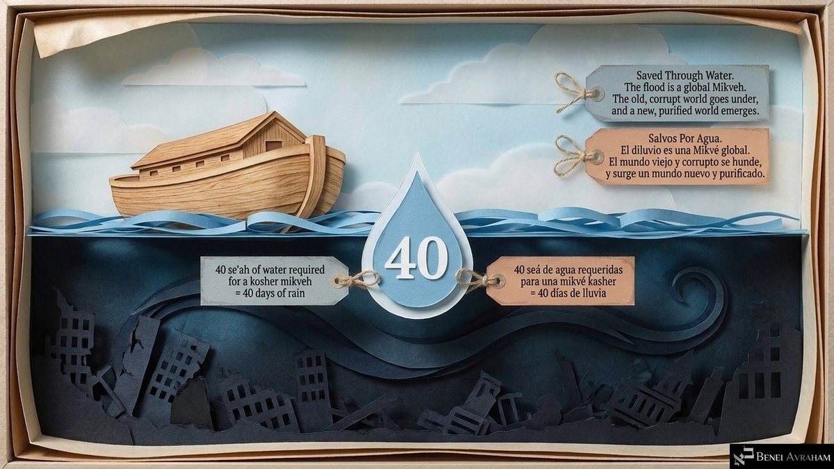 A paper ark floats above dark water that covers a sunken city, with a large drop marked "40." "Saved through water. The flood is a global mikveh: the old, corrupt world goes under, and a new, purified world emerges." "40 se'ah of water required for a kosher mikveh = 40 days of rain."