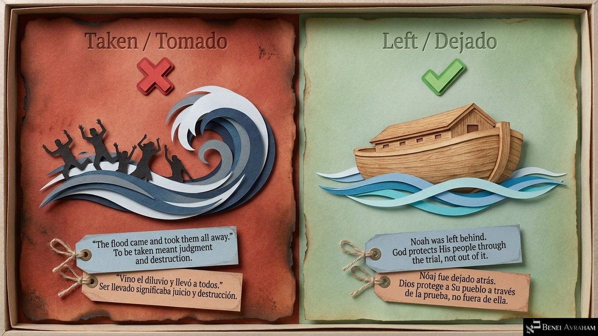 Two panels. "Taken" (red, with an X): people swept away by a great wave; "'The flood came and took them all away.' To be taken meant judgment and destruction." "Left" (green, with a check): the ark riding the waves; "Noah was left behind. God protects His people through the trial, not out of it."