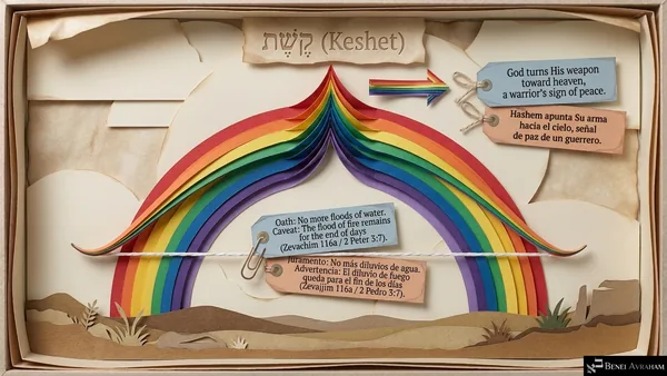 A layered paper rainbow under the heading קֶשֶׁת (Keshet), bending upward like a bow. "God turns His weapon toward heaven, a warrior's sign of peace." "Oath: no more floods of water. Caveat: the flood of fire remains for the end of days (Zevachim 116a / 2 Peter 3:7)."