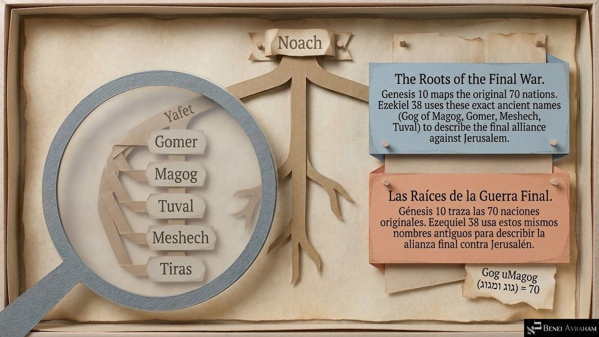 A magnifying glass over the family tree of Noach's son Yafet: Gomer, Magog, Tuval, Meshech, Tiras. "The Roots of the Final War. Genesis 10 maps the original 70 nations. Ezekiel 38 uses these exact ancient names (Gog of Magog, Gomer, Meshech, Tuval) to describe the final alliance against Jerusalem." A note: Gog uMagog (גוג ומגוג) = 70.