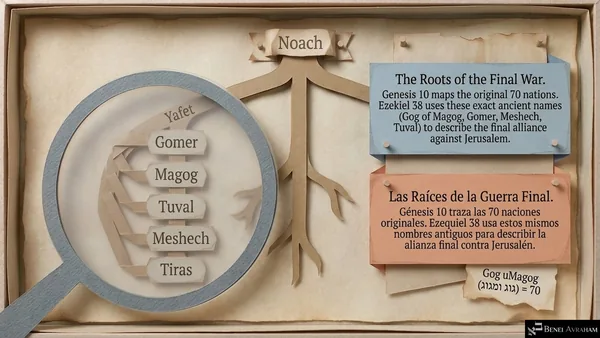 A magnifying glass over the family tree of Noach's son Yafet: Gomer, Magog, Tuval, Meshech, Tiras. "The Roots of the Final War. Genesis 10 maps the original 70 nations. Ezekiel 38 uses these exact ancient names (Gog of Magog, Gomer, Meshech, Tuval) to describe the final alliance against Jerusalem." A note: Gog uMagog (גוג ומגוג) = 70.