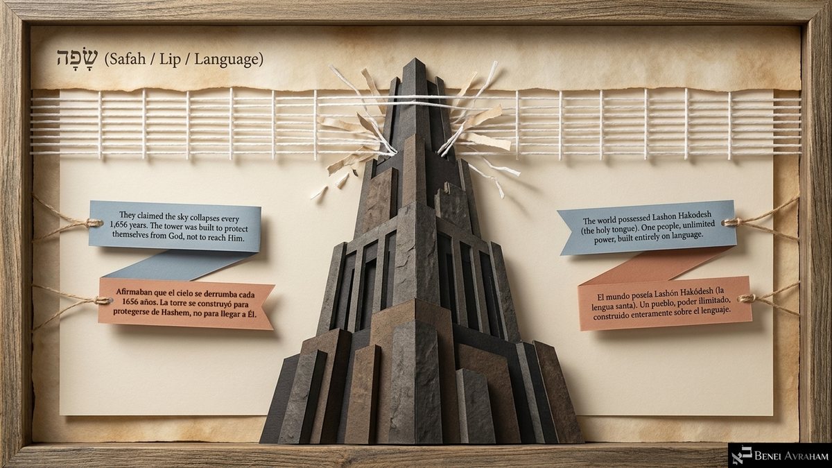 A dark stone tower bursts through a row of white threads under the heading שָׂפָה (Safah / Lip / Language). "They claimed the sky collapses every 1,656 years. The tower was built to protect themselves from God, not to reach Him." "The world possessed Lashon Hakodesh (the holy tongue). One people, unlimited power, built entirely on language."