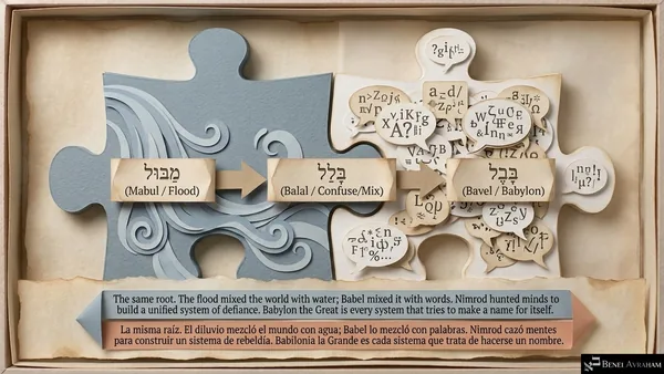 Puzzle pieces of water and jumbled letters joined by arrows: מַבּוּל (Mabul / Flood) → בָּלַל (Balal / Confuse, Mix) → בָּבֶל (Bavel / Babylon). "The same root. The flood mixed the world with water; Babel mixed it with words. Nimrod hunted minds to build a unified system of defiance. Babylon the Great is every system that tries to make a name for itself."