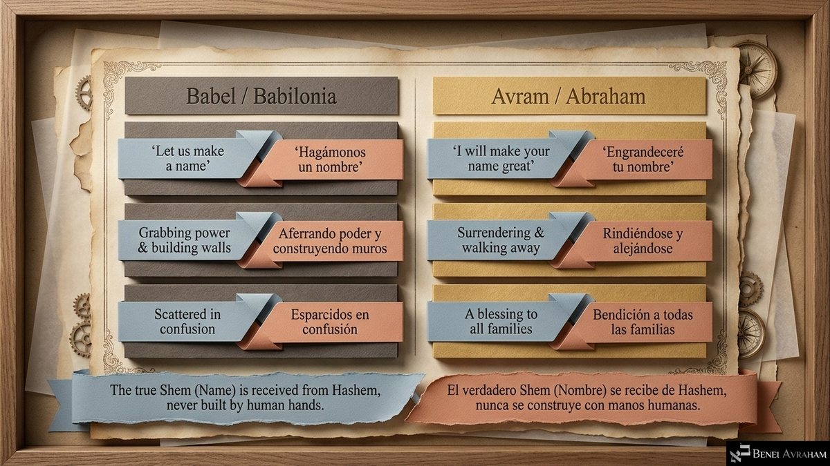 Two columns, "Babel" and "Avram." Babel: "Let us make a name," "Grabbing power and building walls," "Scattered in confusion." Avram: "I will make your name great," "Surrendering and walking away," "A blessing to all families." Banner: "The true Shem (Name) is received from Hashem, never built by human hands."