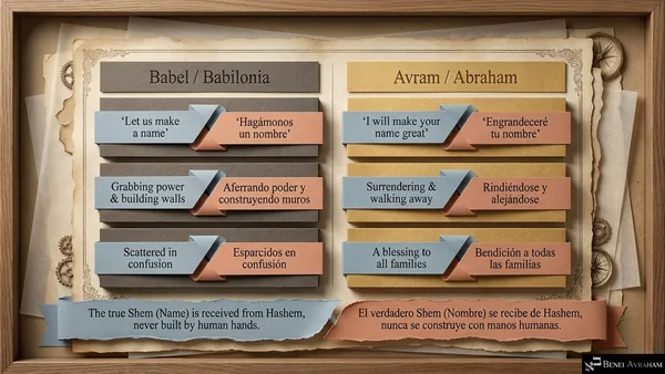 Two columns, "Babel" and "Avram." Babel: "Let us make a name," "Grabbing power and building walls," "Scattered in confusion." Avram: "I will make your name great," "Surrendering and walking away," "A blessing to all families." Banner: "The true Shem (Name) is received from Hashem, never built by human hands."