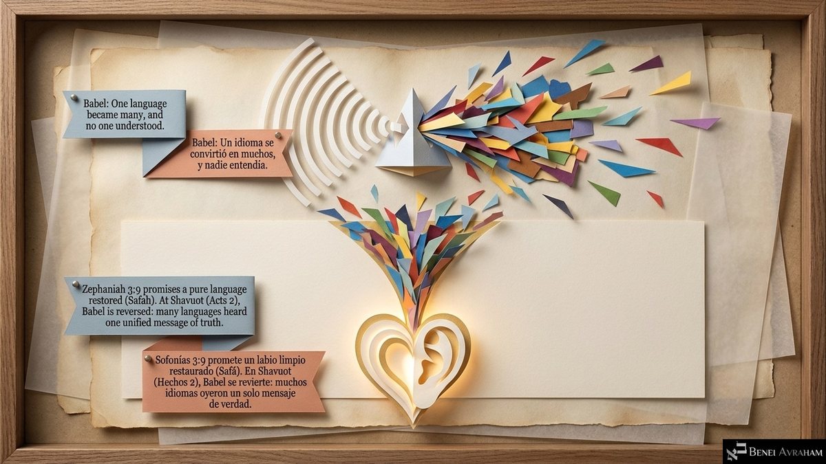 A paper prism splits light into scattered colored shards, which gather again into a glowing heart with an ear. "Babel: one language became many, and no one understood." "Zephaniah 3:9 promises a pure language restored (safah). At Shavuot (Acts 2), Babel is reversed: many languages heard one unified message of truth."