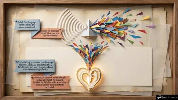 A paper prism splits light into scattered colored shards, which gather again into a glowing heart with an ear. "Babel: one language became many, and no one understood." "Zephaniah 3:9 promises a pure language restored (safah). At Shavuot (Acts 2), Babel is reversed: many languages heard one unified message of truth."