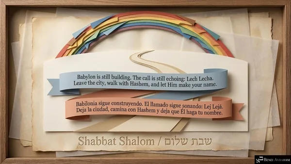Closing slide: a paper rainbow over a winding road. "Babylon is still building. The call is still echoing: Lech Lecha. Leave the city, walk with Hashem, and let Him make your name." "Shabbat Shalom / שבת שלום."