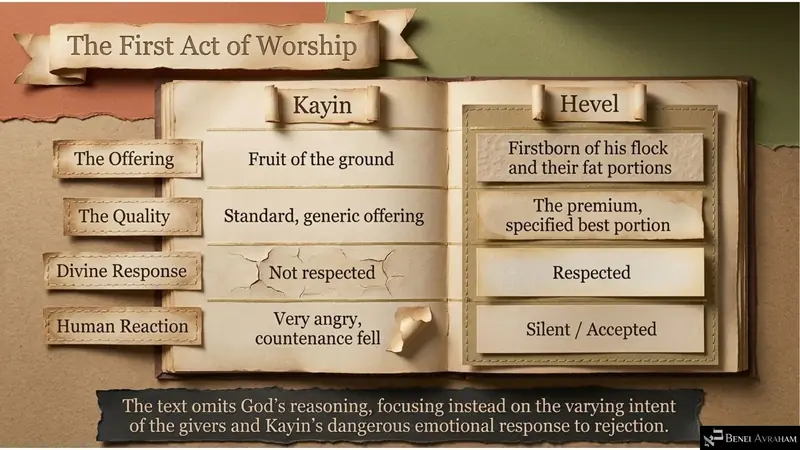 The first act of worship: the offerings of Kayin and Hevel (Genesis 4:3–5)