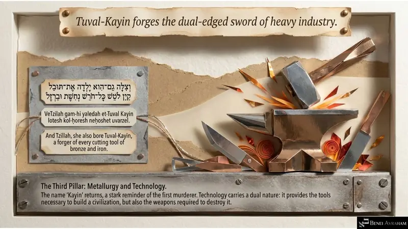 Tuval-Kayin forges the dual-edged sword of heavy industry: bronze and iron (Genesis 4:22)