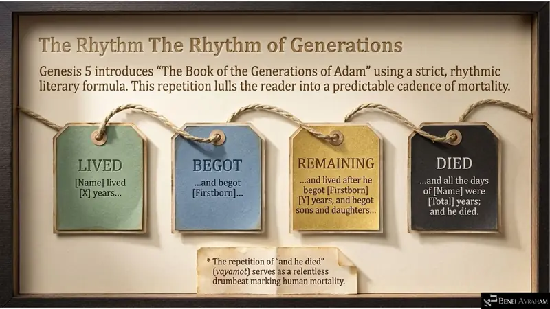 The rhythm of generations: lived, begot, remaining, died (Genesis 5)
