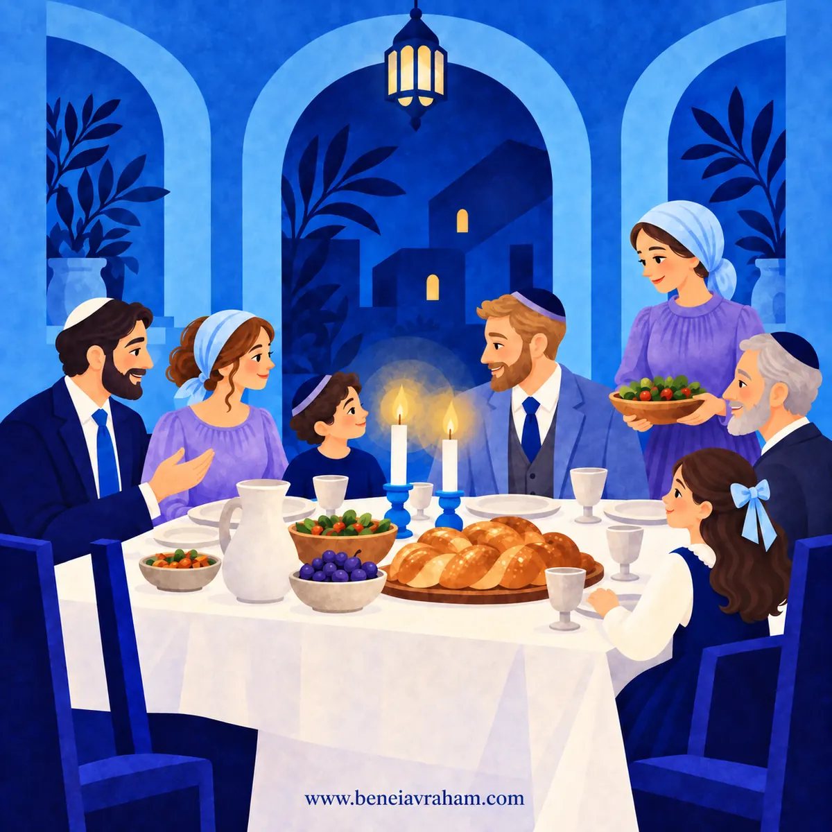 Illustration of a family Erev Shabbat dinner: lit Shabbat candles, braided challah and wine cups on a white tablecloth, with men in kippot and women in head coverings around the table