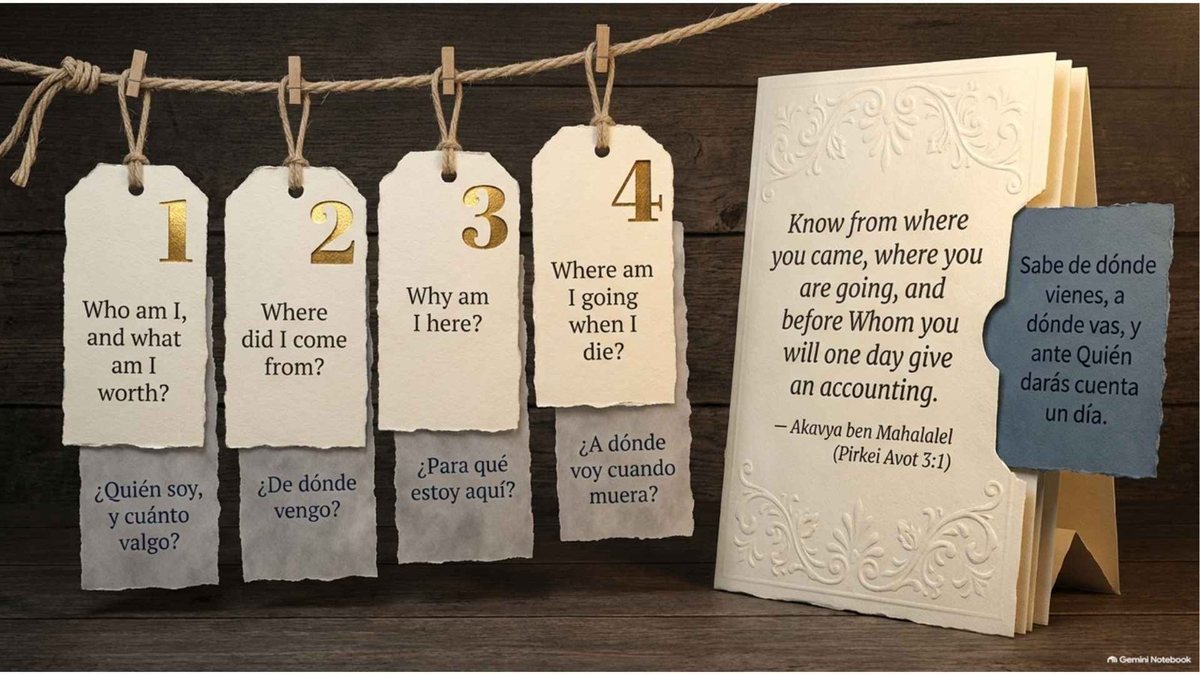 Four hanging tags with the great questions: 1. Who am I, and what am I worth? 2. Where did I come from? 3. Why am I here? 4. Where am I going when I die? Beside them: “Know from where you came, where you are going, and before Whom you will one day give an accounting” (Akavya ben Mahalalel, Pirkei Avot 3:1).