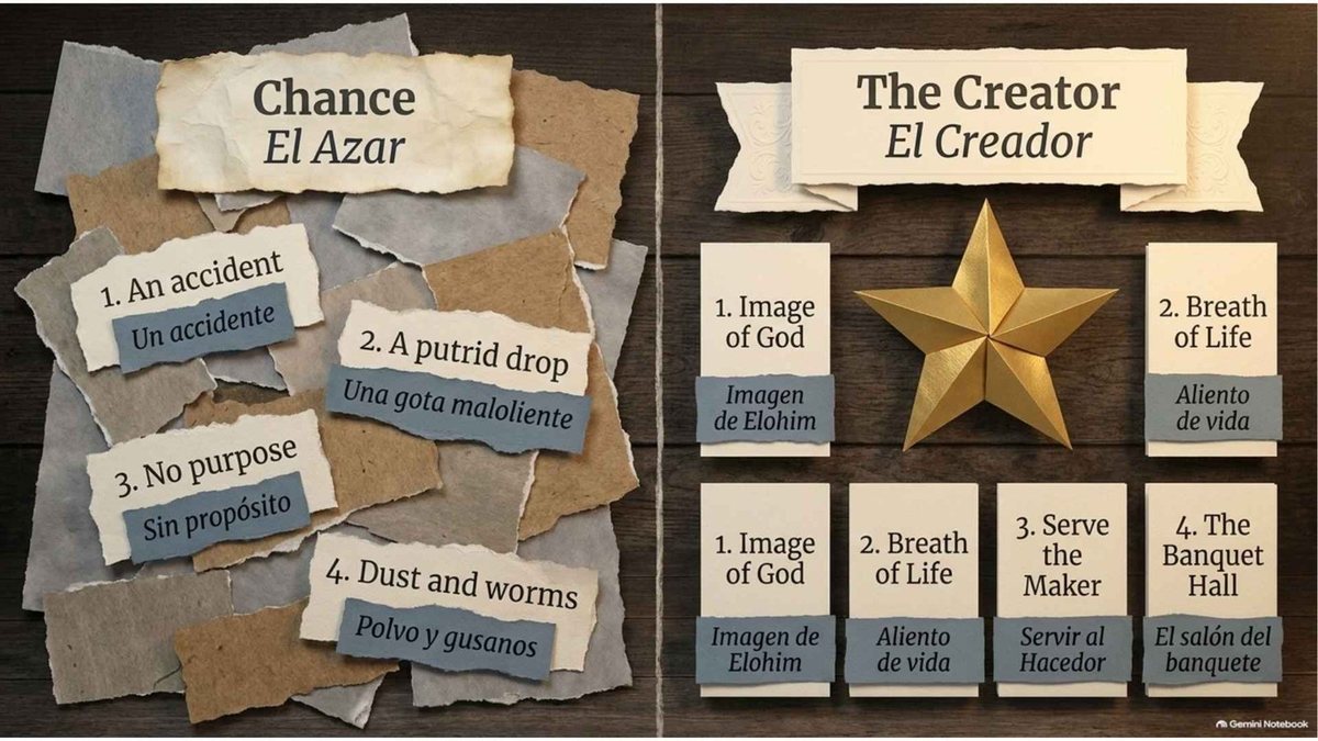 Two worldviews side by side. Chance: 1. an accident, 2. a putrid drop, 3. no purpose, 4. dust and worms. The Creator: 1. the image of God, 2. the breath of life, 3. to serve the Maker, 4. the banquet hall.