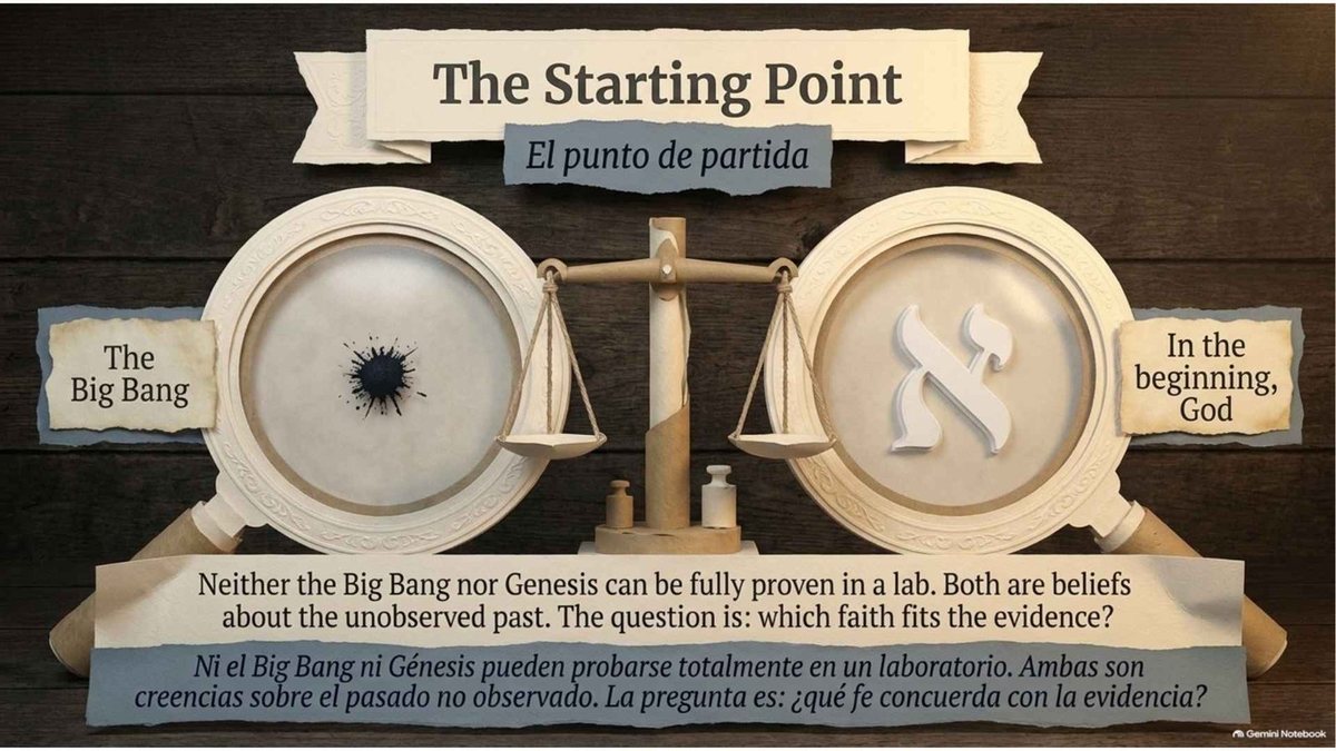 “The Starting Point”: a balance scale weighing the Big Bang against an aleph for “In the beginning, God.” “Neither the Big Bang nor Genesis can be fully proven in a lab. Both are beliefs about the unobserved past. The question is: which faith fits the evidence?”
