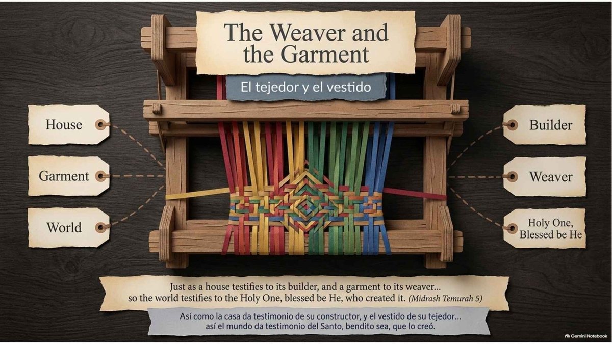“The Weaver and the Garment”: a wooden loom with colored threads, and tags pairing house with builder, garment with weaver, and world with the Holy One, blessed be He. “Just as a house testifies to its builder, and a garment to its weaver, so the world testifies to the Holy One, blessed be He, who created it” (Midrash Temurah 5).