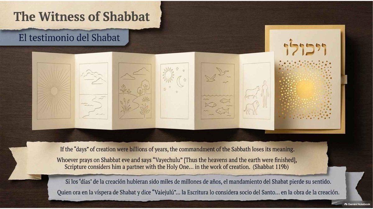 “The Witness of Shabbat”: six folding panels of the days of creation and a seventh card reading ויכולו (Vayechulu). “If the ‘days’ of creation were billions of years, the commandment of the Sabbath loses its meaning. Whoever prays on Shabbat eve and says ‘Vayechulu’… Scripture considers him a partner with the Holy One in the work of creation” (Shabbat 119b).