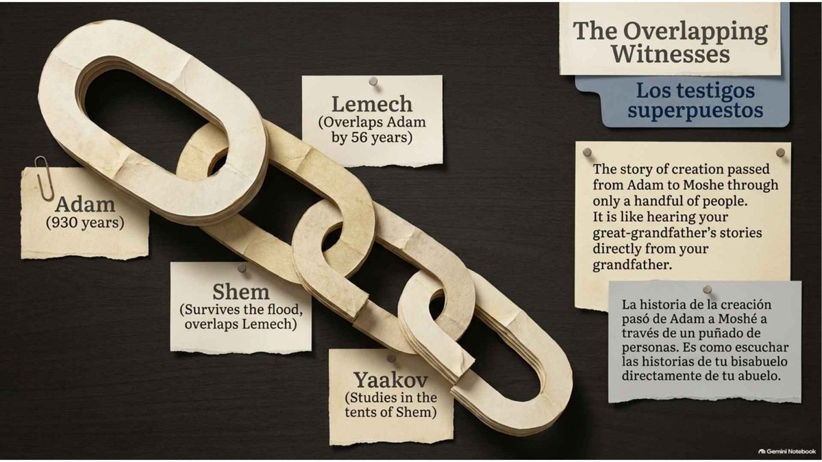 “The Overlapping Witnesses”: a paper chain linking Adam (930 years), Lemech (overlaps Adam by 56 years), Shem (survives the flood, overlaps Lemech) and Yaakov (studies in the tents of Shem). “The story of creation passed from Adam to Moshe through only a handful of people.”