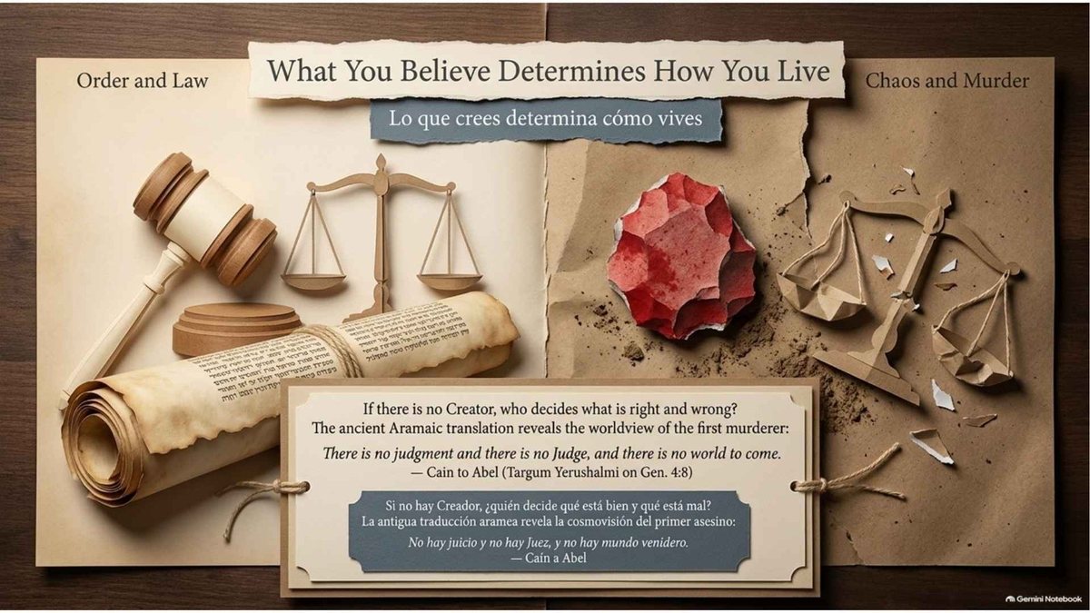 “What You Believe Determines How You Live”: order and law (a gavel, scales and a Torah scroll) beside chaos and murder (a bloody stone and broken scales). “If there is no Creator, who decides what is right and wrong?” Cain to Abel: “There is no judgment and there is no Judge, and there is no world to come” (Targum Yerushalmi on Genesis 4:8).