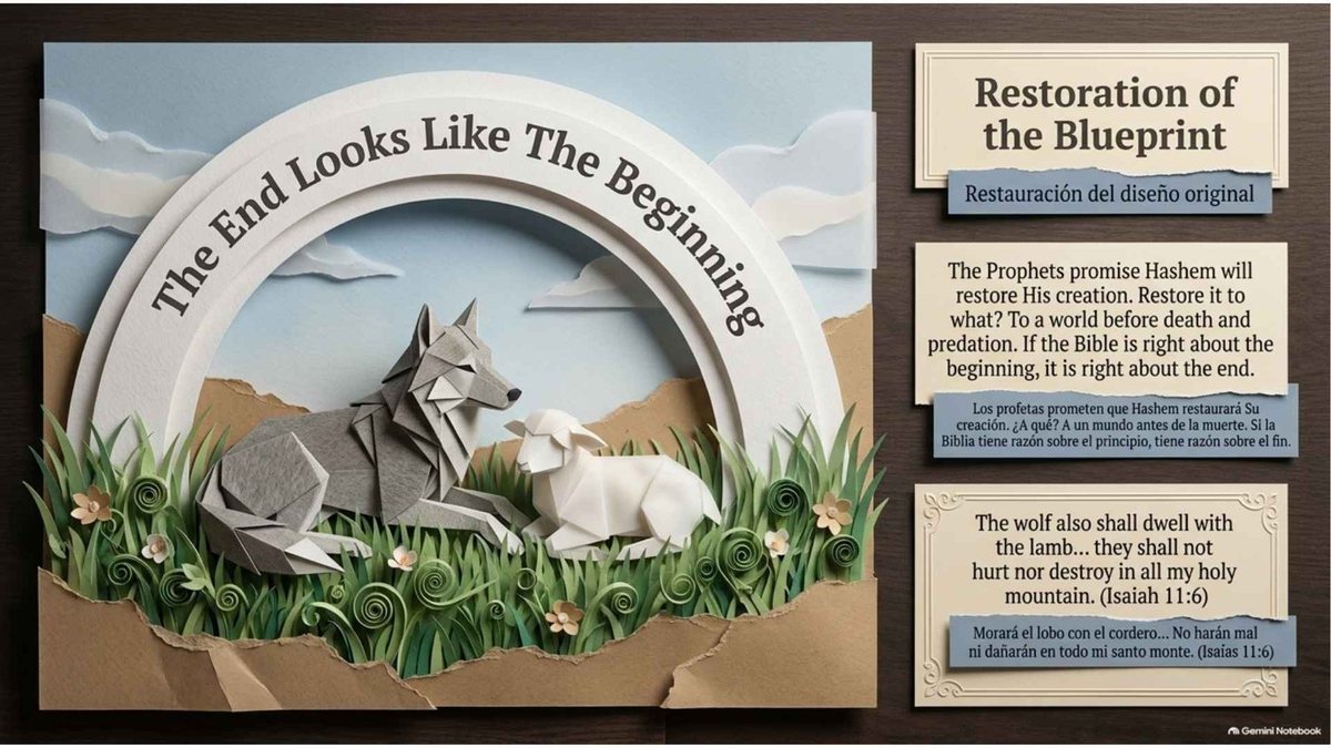 “Restoration of the Blueprint”: a paper wolf lying beside a lamb under the words “The End Looks Like the Beginning.” “The prophets promise Hashem will restore His creation… to a world before death and predation. If the Bible is right about the beginning, it is right about the end.” “The wolf also shall dwell with the lamb” (Isaiah 11:6).