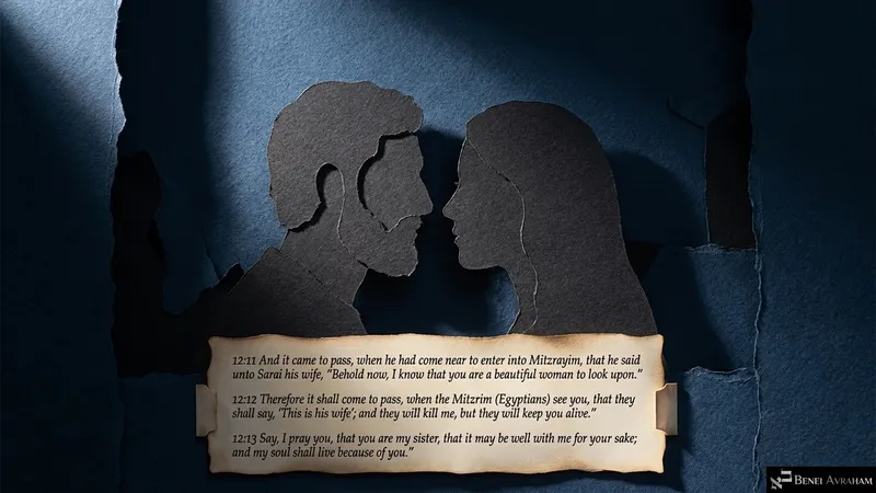 Nearing Mitzrayim, Avram asks Sarai to say she is his sister (Genesis 12:11–13)