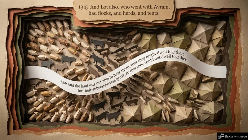 Lot also has flocks, herds and tents, and the land cannot bear them dwelling together (Genesis 13:5–6)