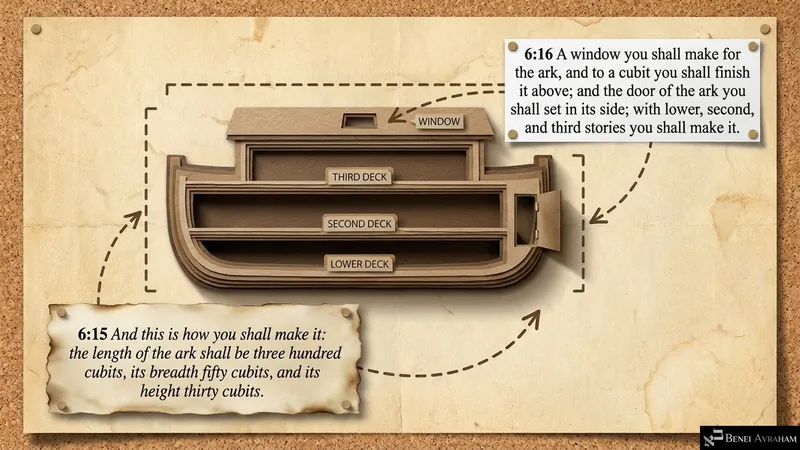 The blueprint of the ark: three hundred by fifty by thirty cubits, a window, a door and three decks (Genesis 6:15–16)
