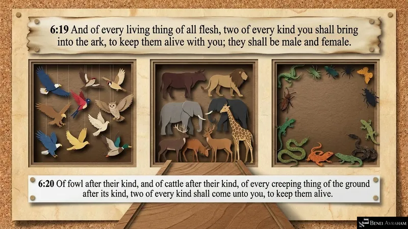 Two of every kind: birds, cattle and creeping things come into the ark (Genesis 6:19–20)