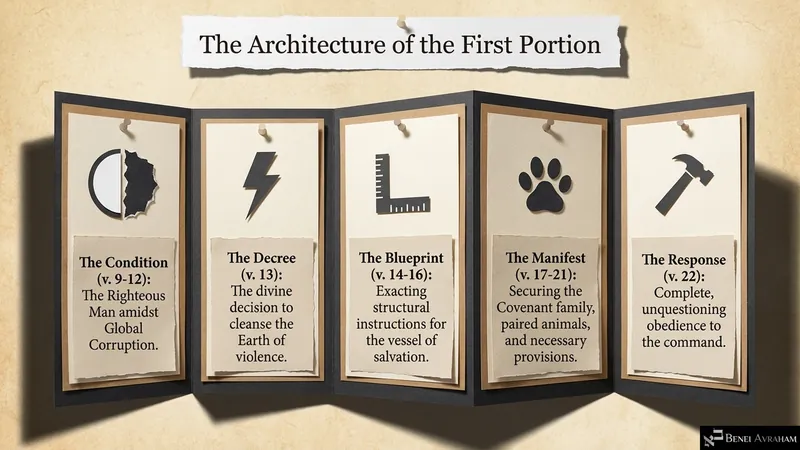 The architecture of the First Portion: the condition, the decree, the blueprint, the manifest and the response