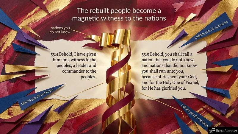 The rebuilt people become a witness to the nations: “You shall call a nation that you do not know” (Isaiah 55:4–5)