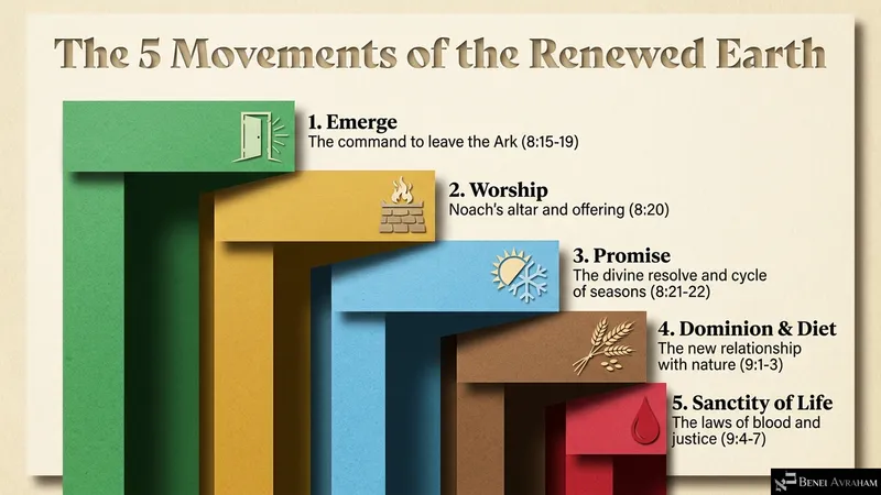 The five movements of the renewed earth: emerge, worship, promise, dominion and diet, sanctity of life (Genesis 8:15–9:7)