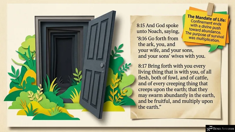 God tells Noach to go out of the ark with his family and every living thing (Genesis 8:15–17)