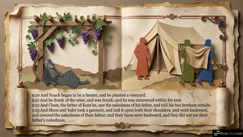 Noach plants a vineyard; Shem and Yafet cover their father (Genesis 9:20–23)