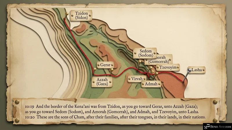 The border of the Kena’ani, from Tzidon to Azzah and Sedom (Genesis 10:19–20)