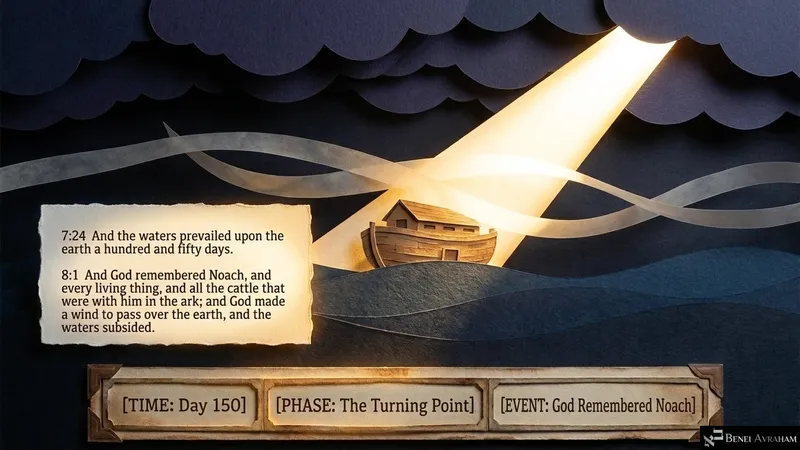 Day 150, the turning point: God remembers Noach and makes a wind pass over the earth (Genesis 7:24–8:1)