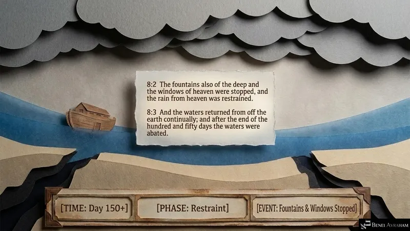 The fountains of the deep and the windows of heaven are stopped, and the waters recede (Genesis 8:2–3)