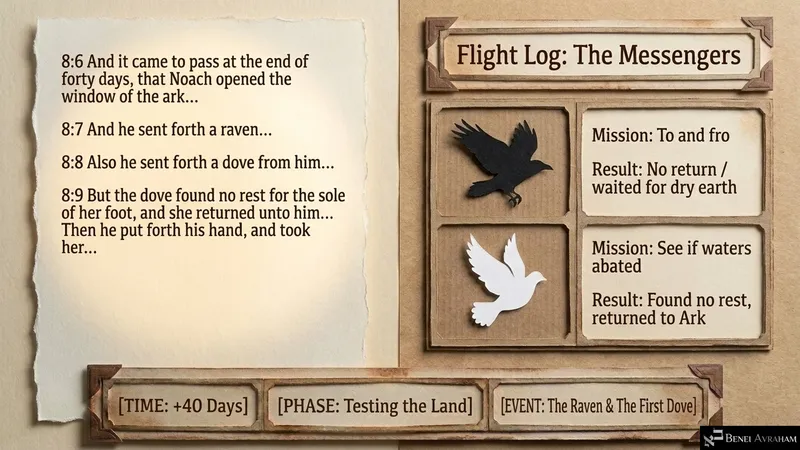 Flight log of the messengers: Noach sends out the raven and the first dove (Genesis 8:6–9)