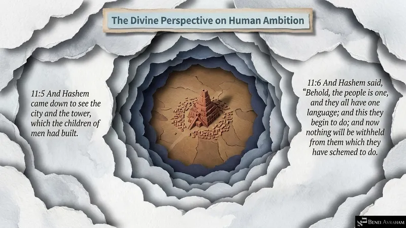 The divine perspective on human ambition: Hashem comes down to see the city and the tower (Genesis 11:5–6)