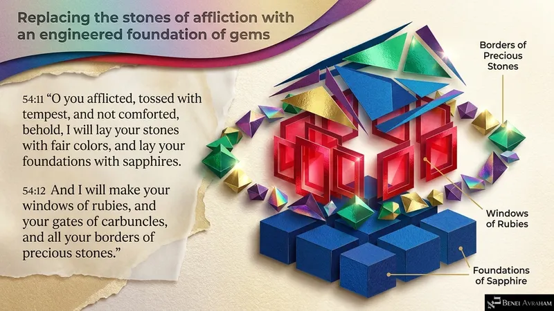 Replacing the stones of affliction with a foundation of sapphires, windows of rubies and borders of precious stones (Isaiah 54:11–12)