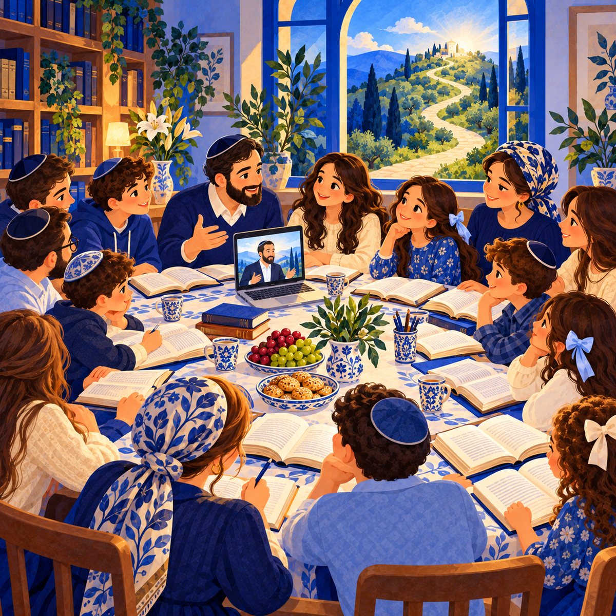Illustration of teens and parents studying around one big table with open books and a video lesson on a laptop, with a narrow path winding up a hill outside the window