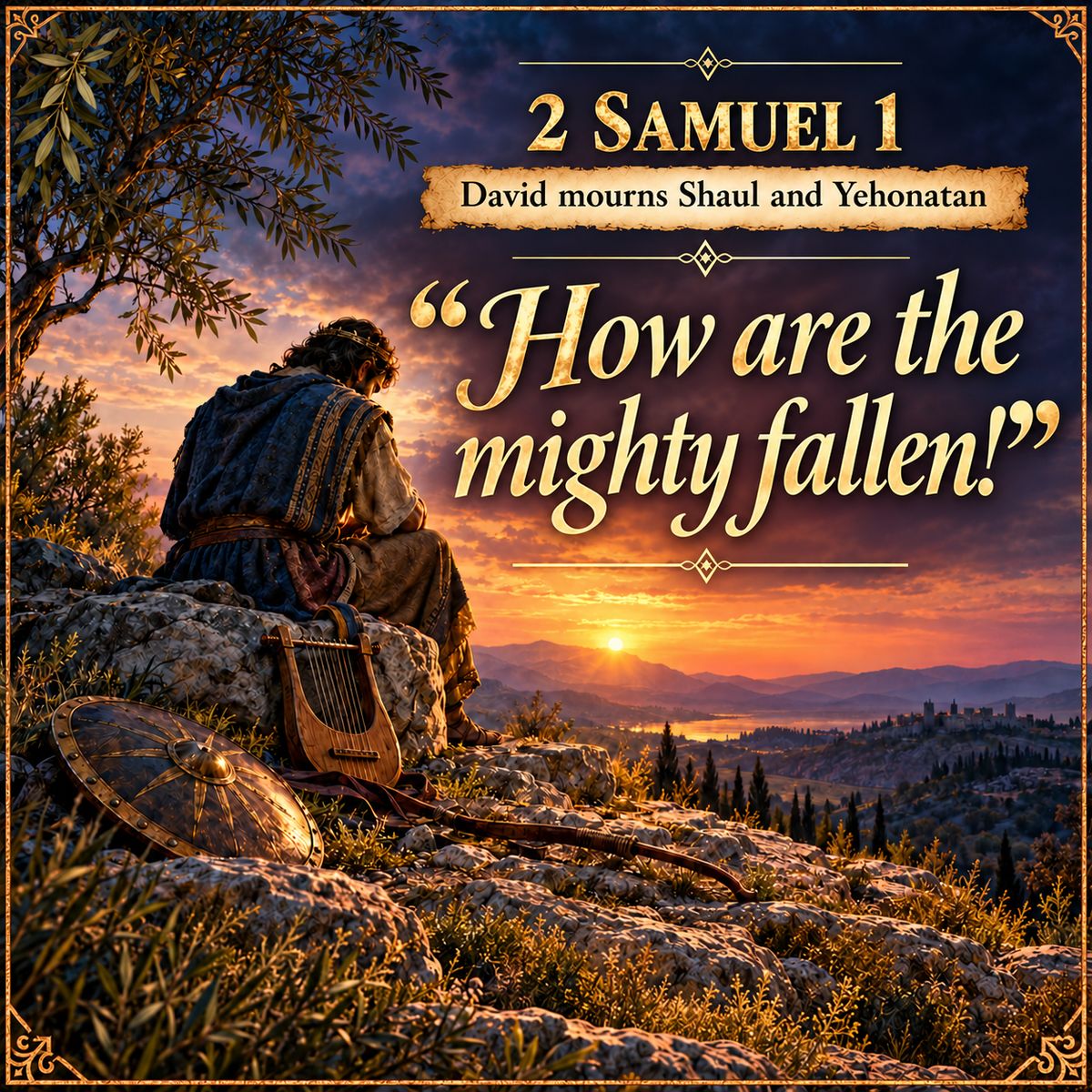 Painting of David at sunset on the rocky slopes of Mount Gilboa, sitting on a stone with his head bowed in mourning, a lyre, a round shield and a bow lying beside him. The title reads: 2 Samuel 1, David mourns Shaul and Yehonatan, “How are the mighty fallen!”
