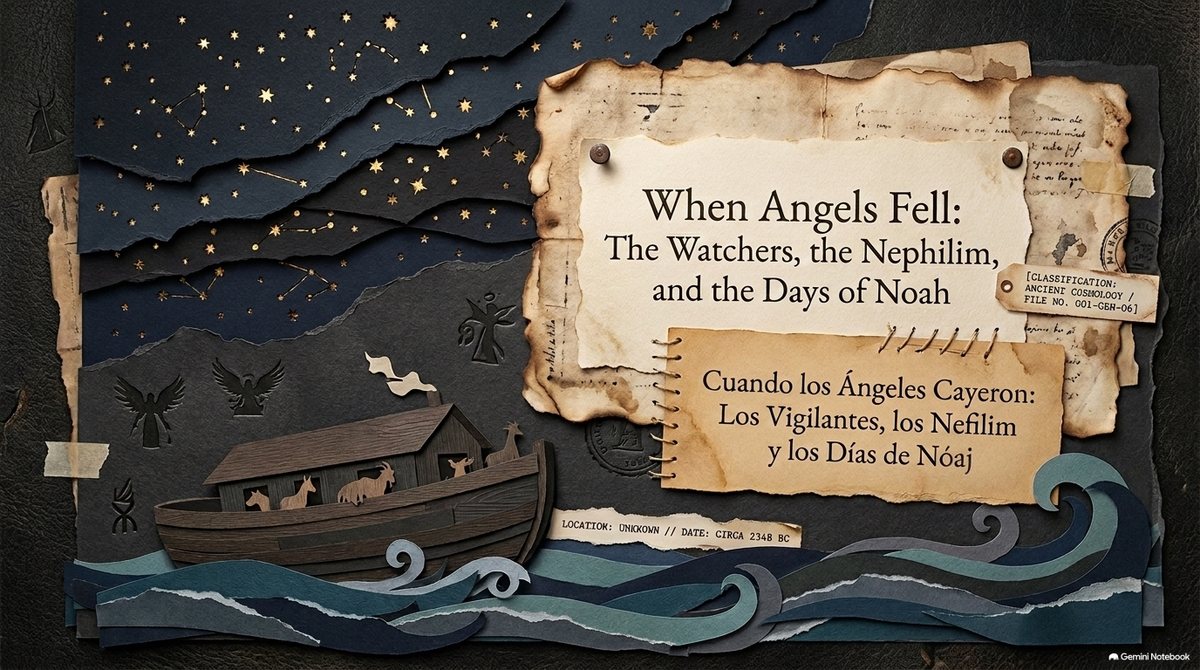 Title slide: “When Angels Fell: The Watchers, the Nephilim, and the Days of Noah” (in Spanish, “Cuando los Ángeles Cayeron”), on torn paper over a starry night sky, with Noah’s ark riding paper waves.