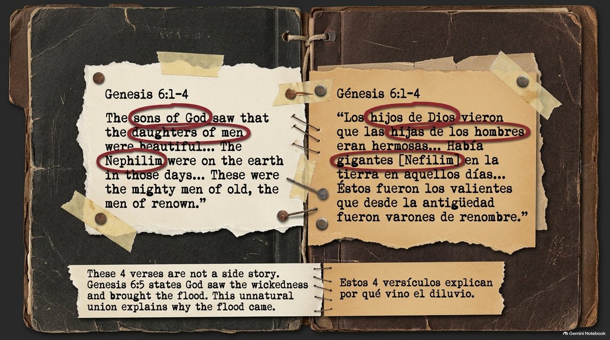 Genesis 6:1–4 in English and Spanish on pinned notes, with “sons of God,” “daughters of men” and “Nephilim” circled in red. A note below reads: “These 4 verses are not a side story… This unnatural union explains why the flood came.”